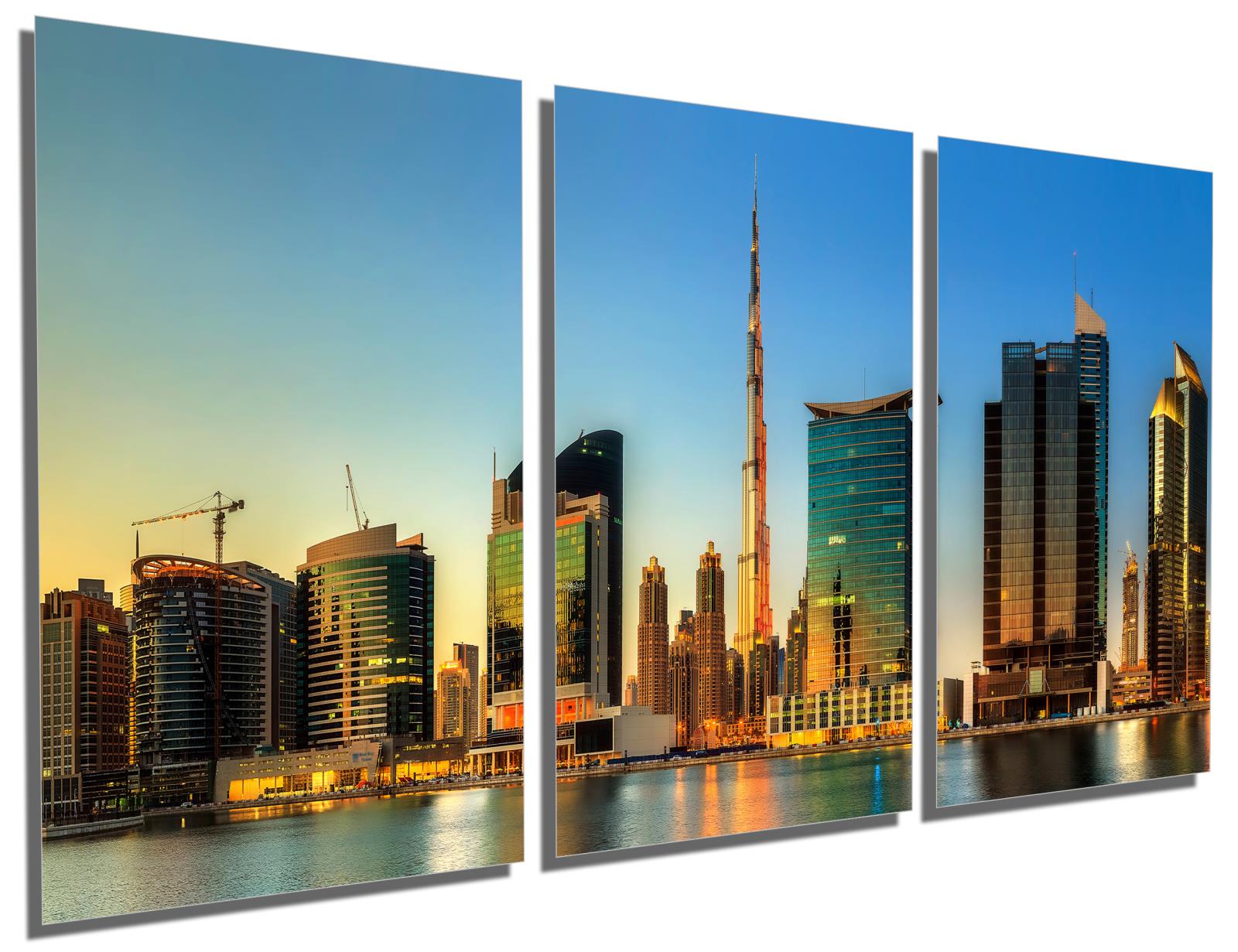 Dubai Wall Art Metal Print, Downtown Dubai Skyline 3 Panel Split Burj
