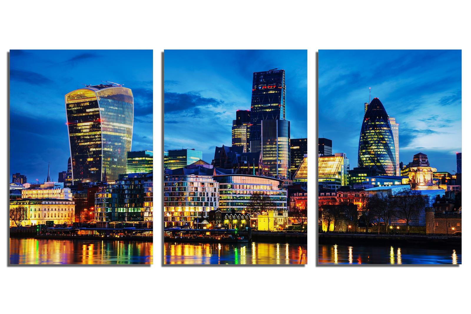 London Skyline Wall Art Metal Print evening 3 Panel Split London, Eng