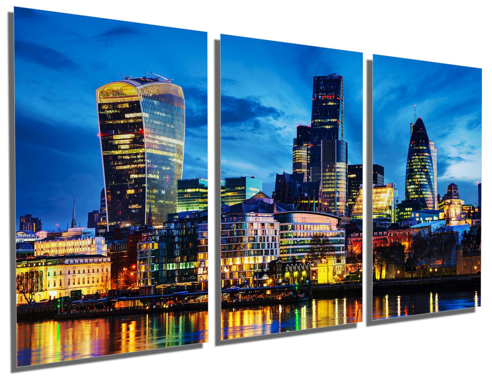 London Skyline Wall Art Metal Print evening 3 Panel Split London, Eng