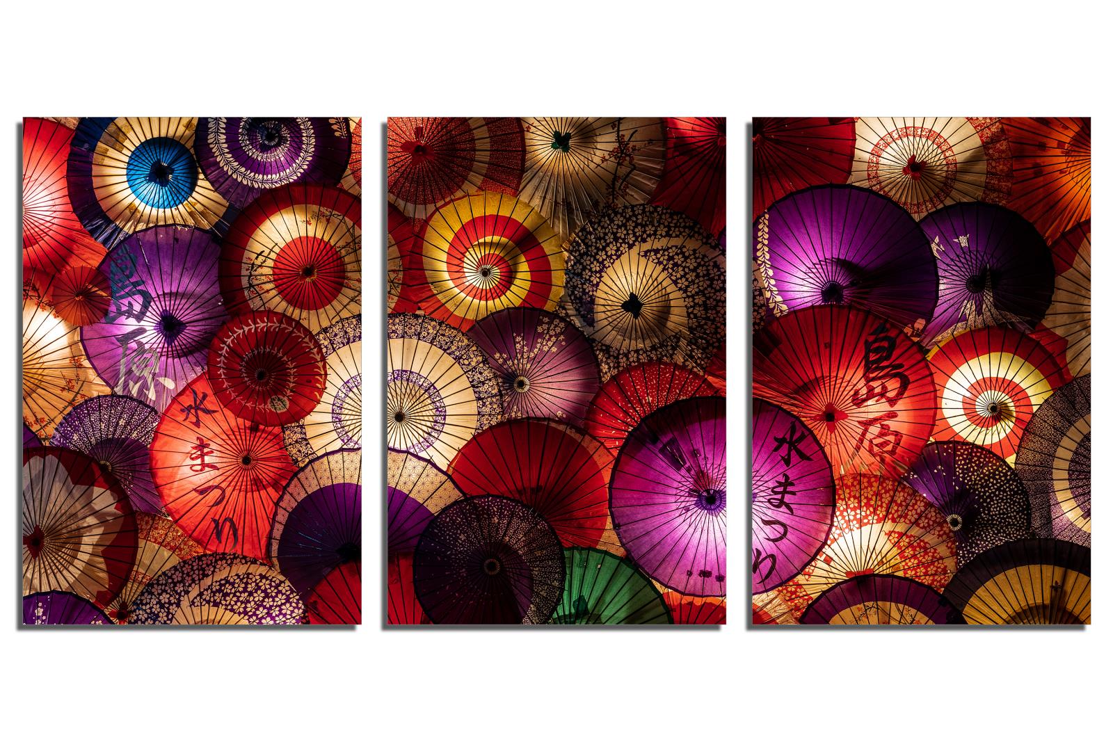 Colorful Umbrellas Wall Art Red Metal Print 3 Panel Split Japanese