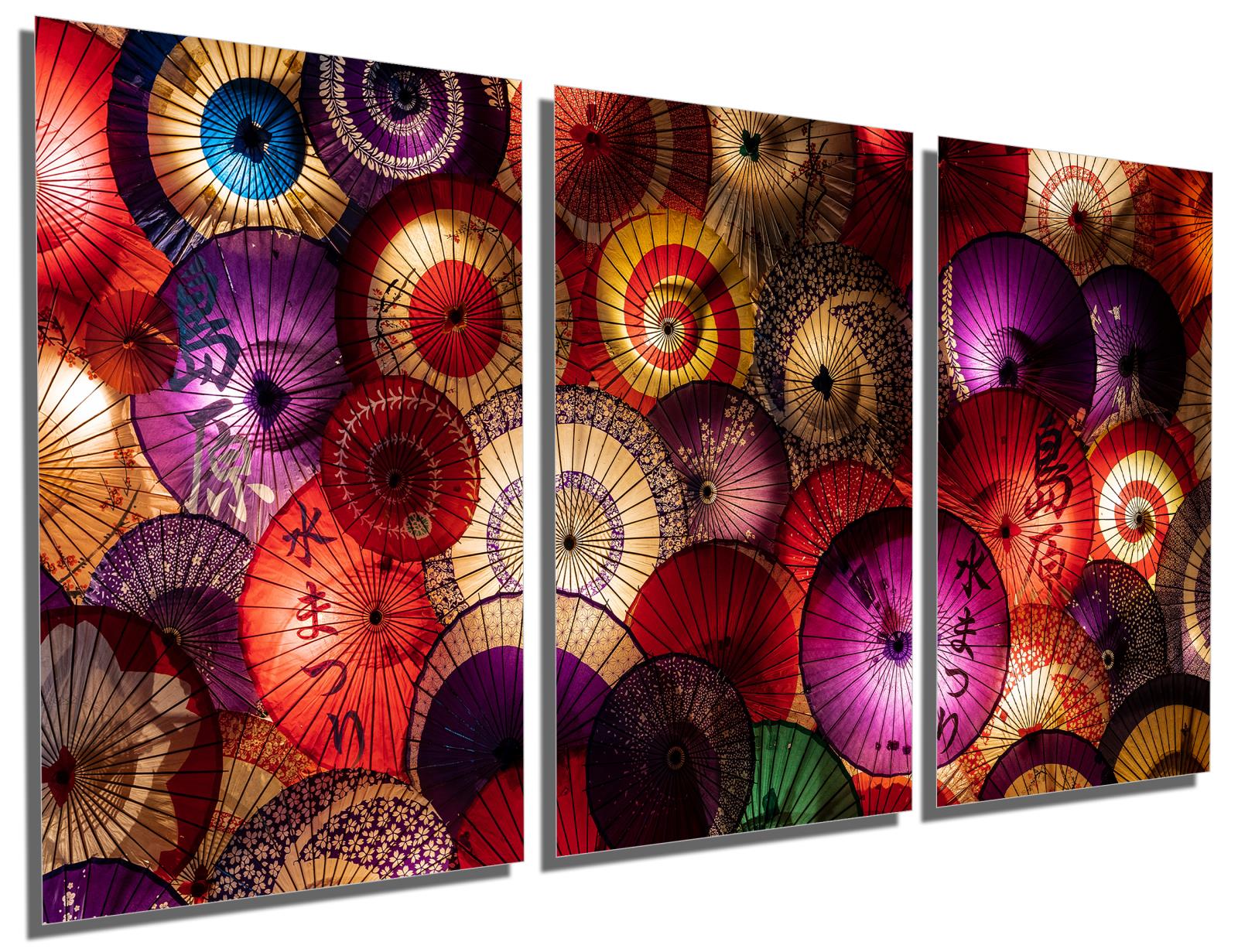 Colorful Umbrellas Wall Art Red Metal Print 3 Panel Split Japanese