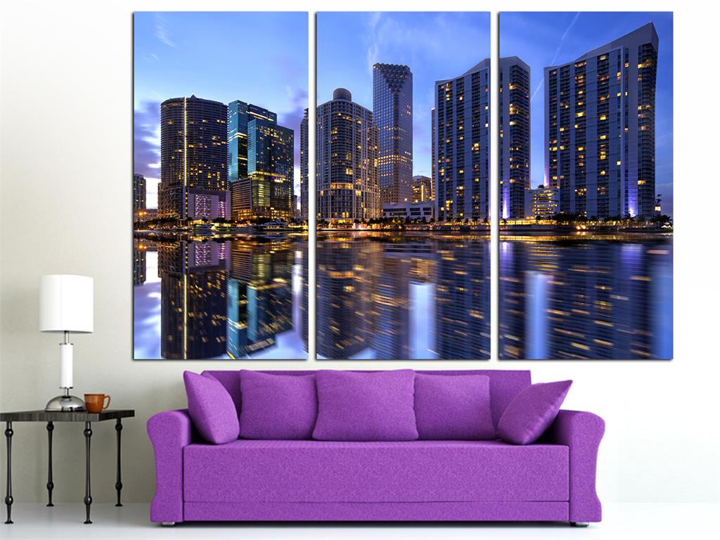 Miami, Florida Skyline Canvas Print 3 Panel Split, Triptych. Downtown