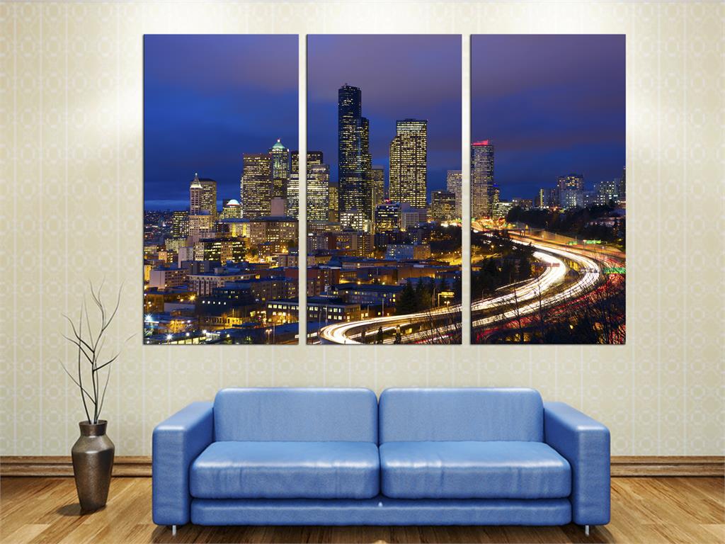 Seattle, WA skyline at dusk Canvas Print 3 Panel Split, Triptych
