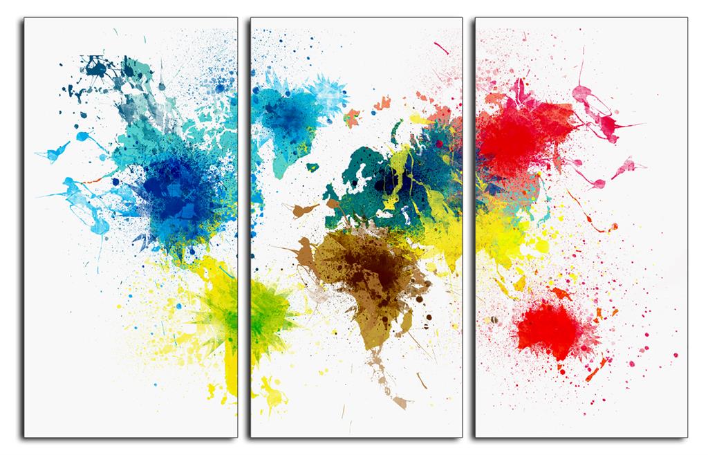Colorful World Map Canvas Print 3 Panel Split, Triptych Wall Art for ...