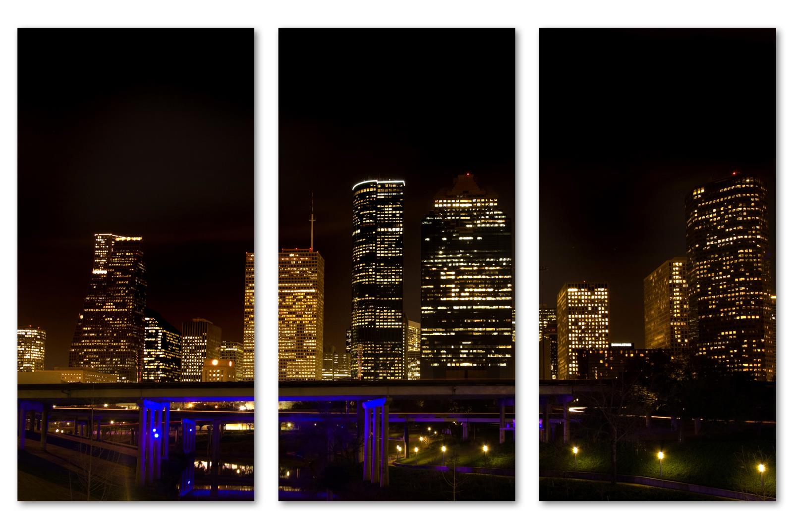 Houston, Texas Skyline at Night Canvas Print. 3 Panel Split, Triptych