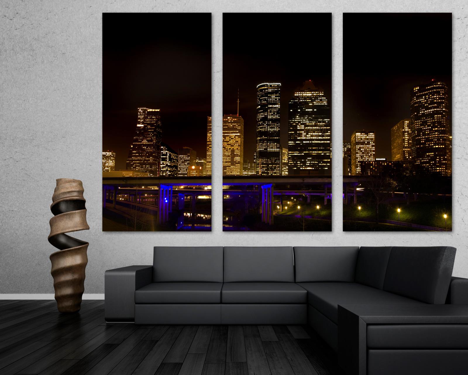 Houston, Texas Skyline at Night Canvas Print. 3 Panel Split, Triptych