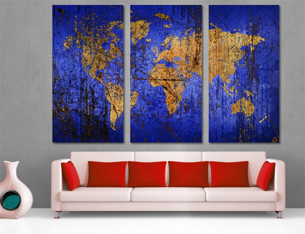 Abstract Blue World Map Canvas Print. 3 Panel Split, Triptych. | Canvas ...