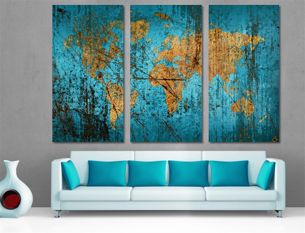 Munsell Blue World Map Canvas Print Wall Art. 3 Panel Split, Triptych ...