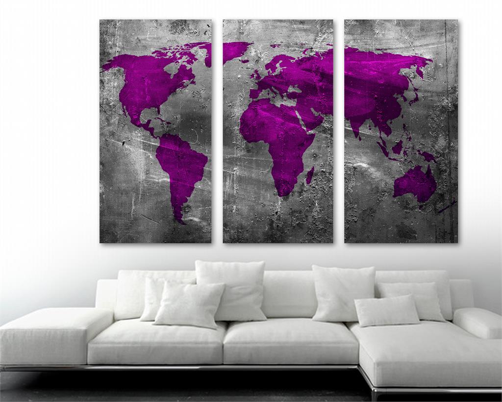 Abstract purple World Map Canvas Print 3 Panel Split, Triptych - Wall ...