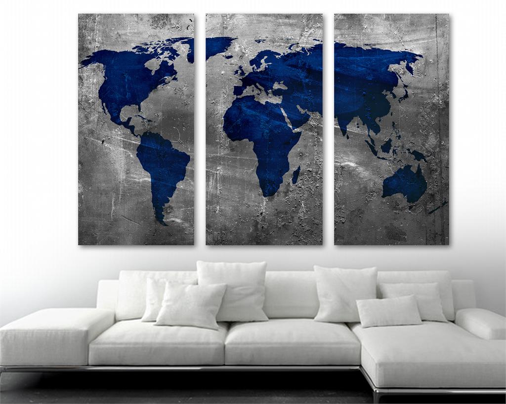 Sapphire Blue World Map Canvas Print Wall Art. 3 Panel Split, Triptych ...