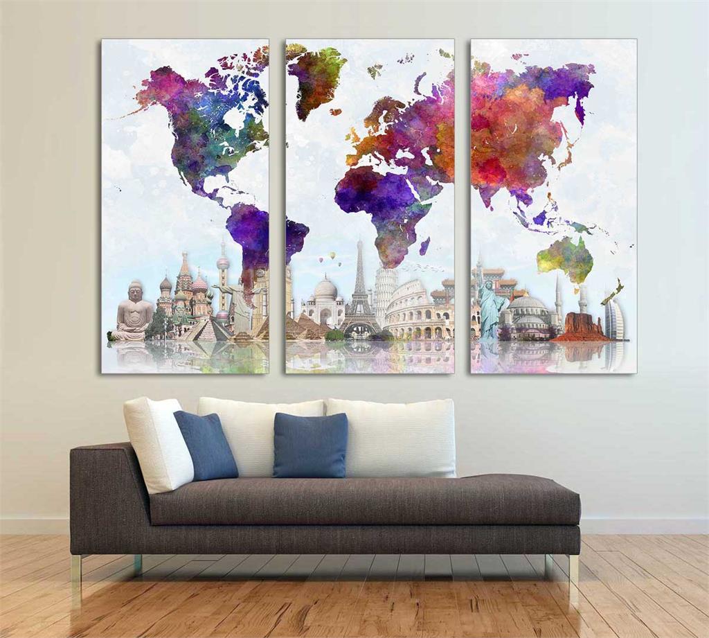 Colorful Travel The World Map Canvas Print - 3 Panel Split, Triptych ...