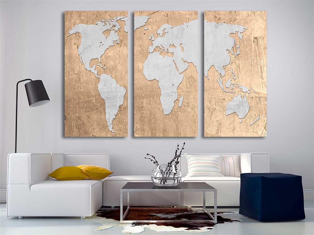 Raffia Beige World Map Canvas Print Wall Art. 3 Panel Split, Triptych ...