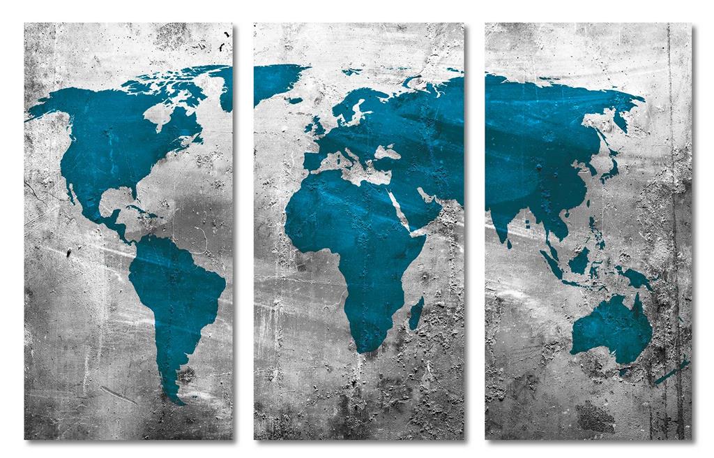 Abstract Silver Teal World Map Canvas Print. 3 Panel Split, Triptych ...