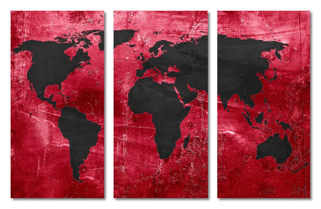 Red & Black World Map Canvas Print - 3 Panel Split, Triptych Wall Art ...