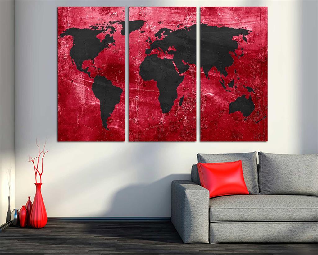 Red & Black World Map Canvas Print - 3 Panel Split, Triptych Wall Art ...