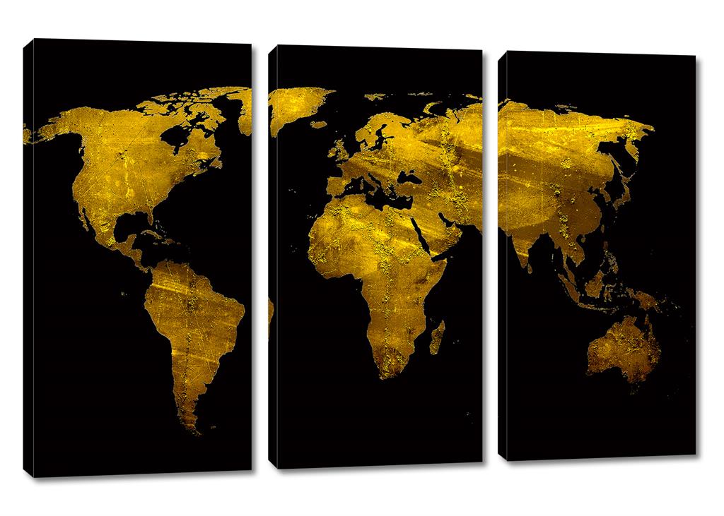 Black & Gold World Map Canvas Print Wall Art. 3 Panel Split, Triptych ...