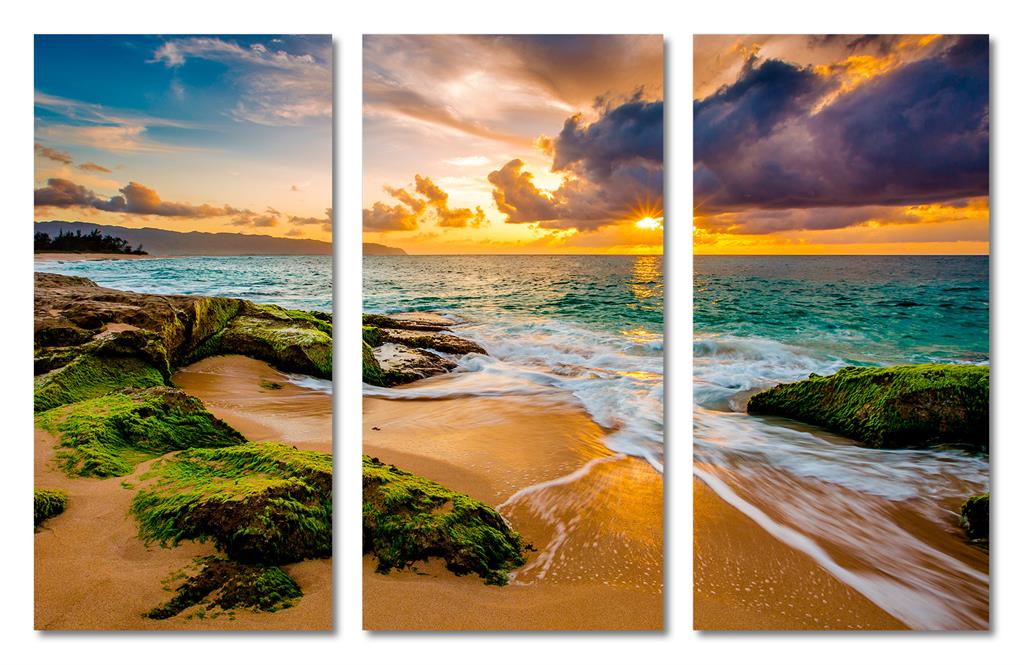 Hawaii beach with Golden Sunset Canvas Print. 3 Panel Split, Triptych