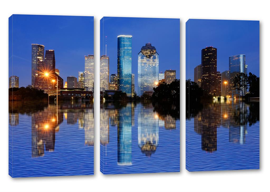 Houston, Texas Evening Skyline Canvas Print 3 Panel Split, Triptych