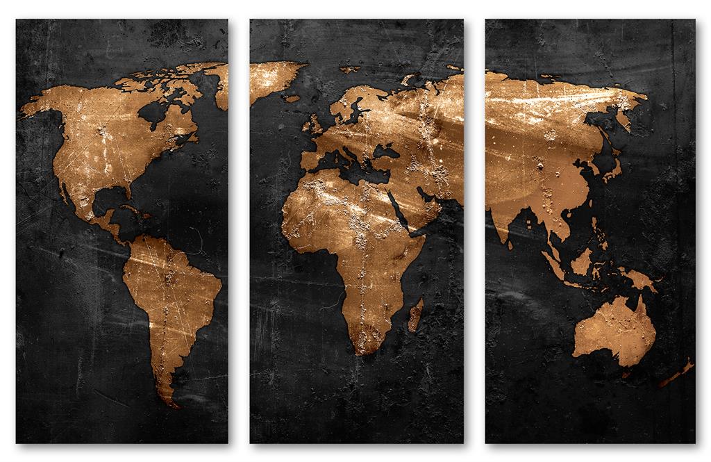 Black, Bronze World Map Canvas Print Wall Art. 3 Panel Split, Triptych ...