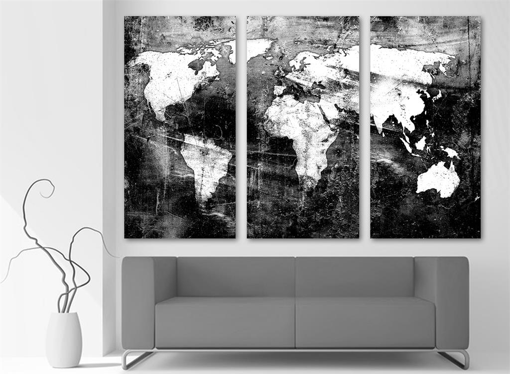 Black & White World Map Canvas Print Wall Art. 3 Panel Split, Triptych ...