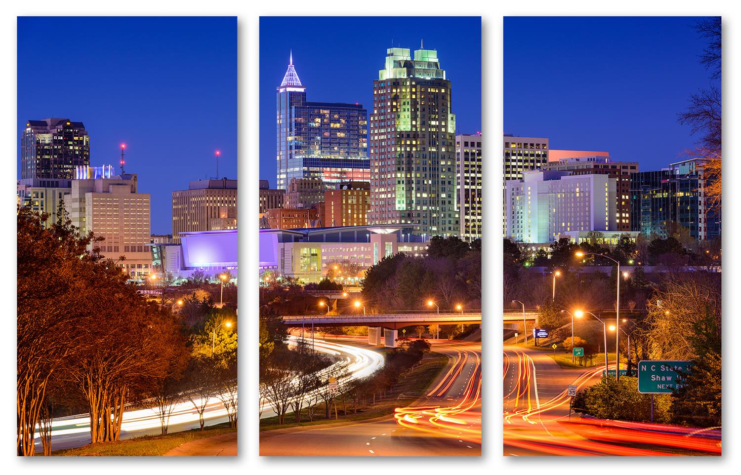Raleigh NC at night Canvas Print Wall Art 3 Panel Split, Triptych