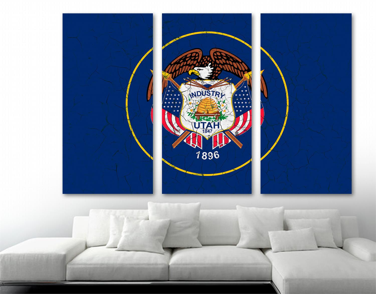 Utah Flag Canvas Print Wall Art crack effect 3 Panel Split, Triptych
