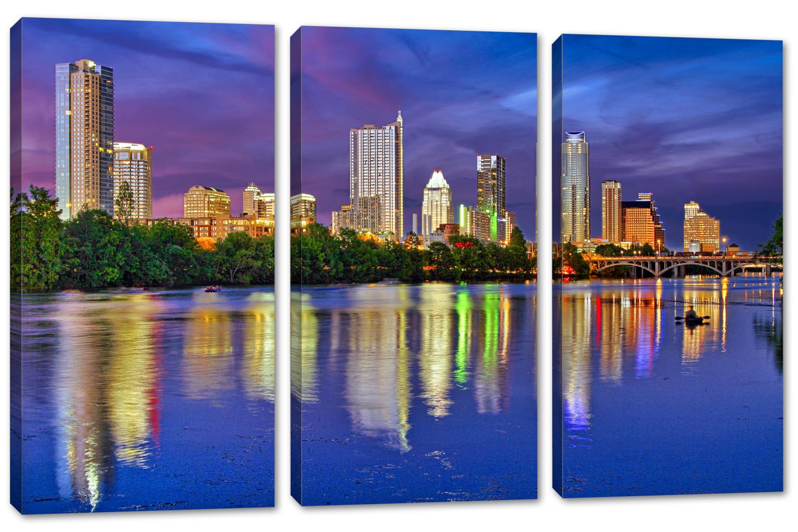 Austin TX Canvas Print Wall Art. Lady Bird Lake at twilight 3 Panel