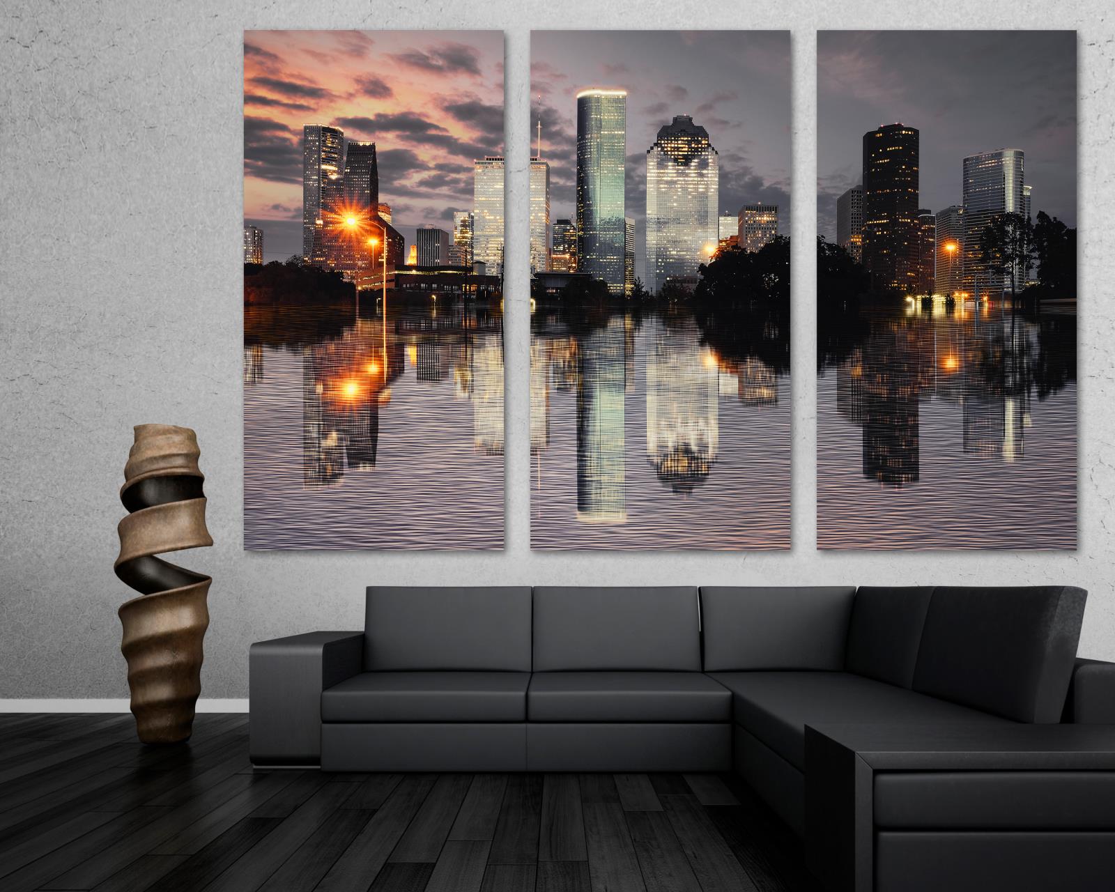 Houston Texas Skyline Wall Art Canvas Print gray brown 3 Panel Split