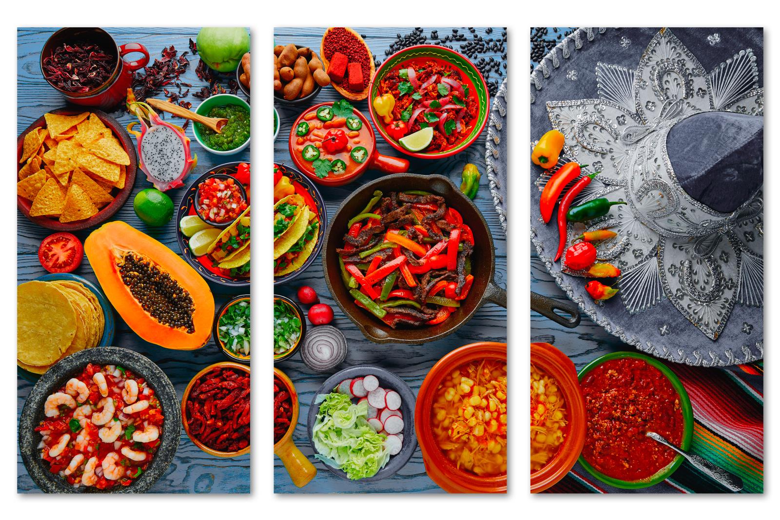 Mexican Food Wall Art Canvas Print 3 Panel Split. Colorful foods