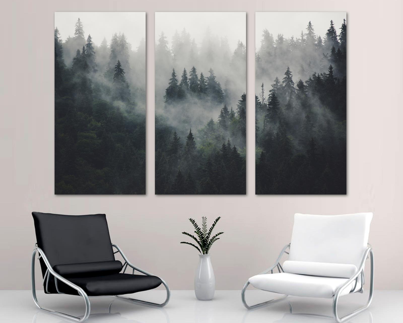 Foggy Forest Canvas Print Wall Art 3 Panel Split Misty Mountain Spruce Canvas Quest