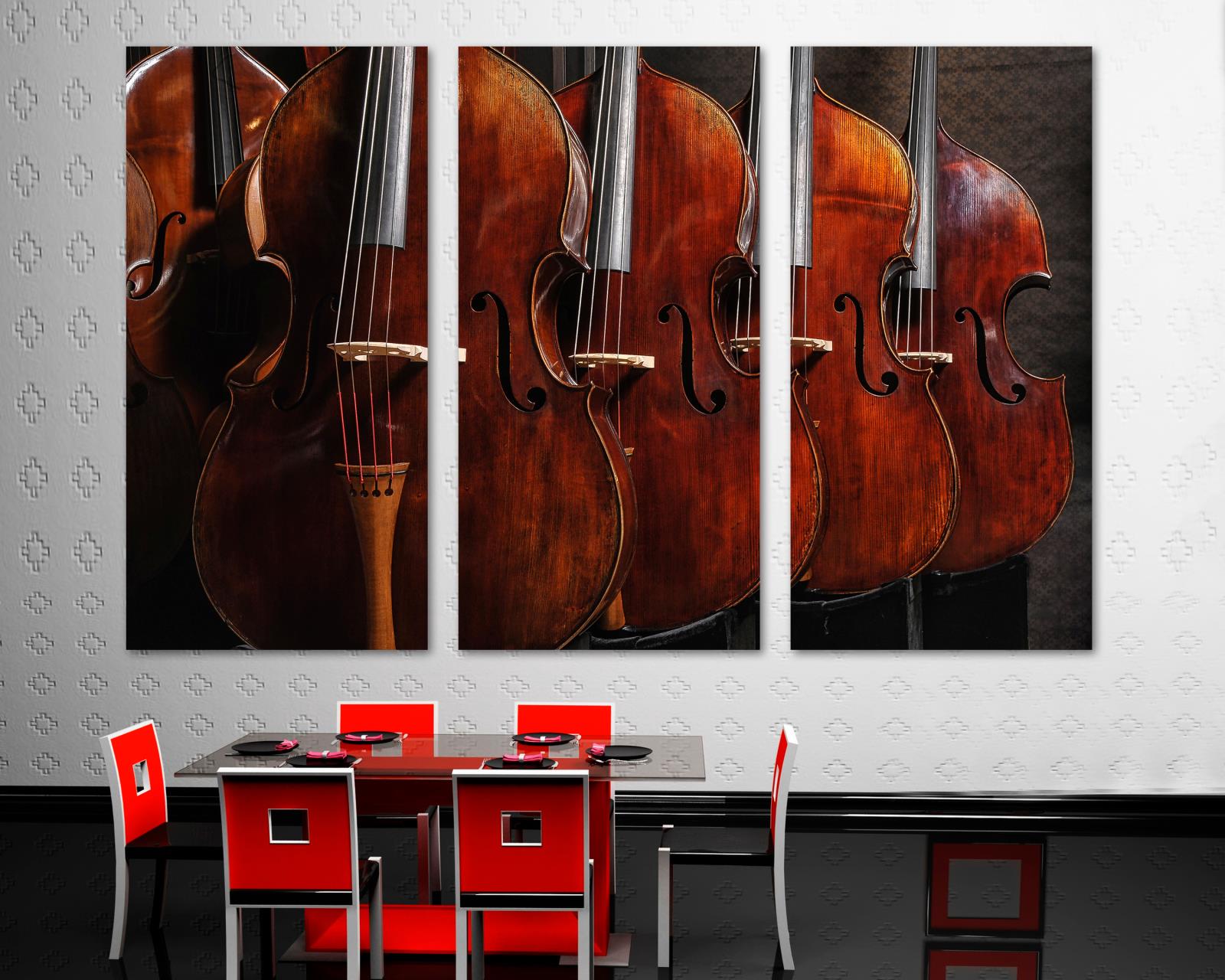 Musical Instruments Wall Art Canvas Print 3 Panel Split Double bass