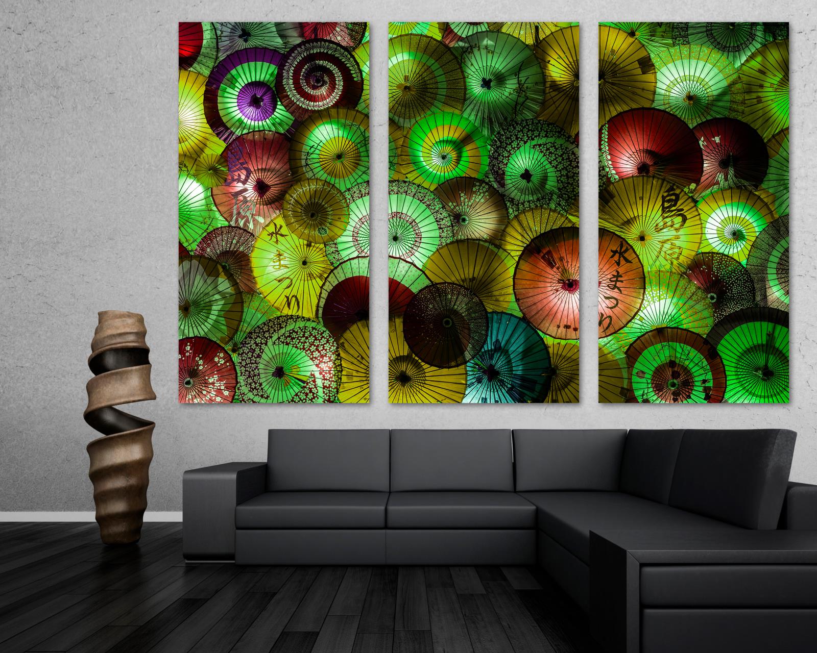Colorful Umbrellas Wall Art Green Canvas Print 3 Panel Split Japanese