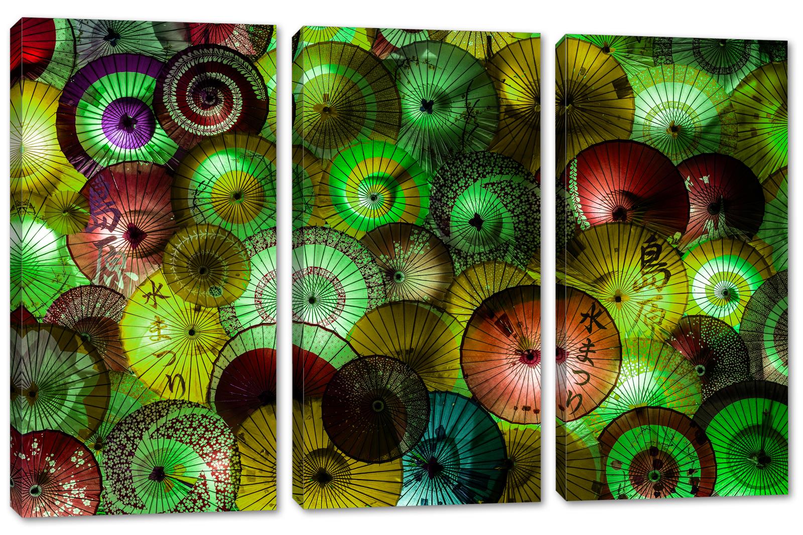 Colorful Umbrellas Wall Art Green Canvas Print 3 Panel Split Japanese